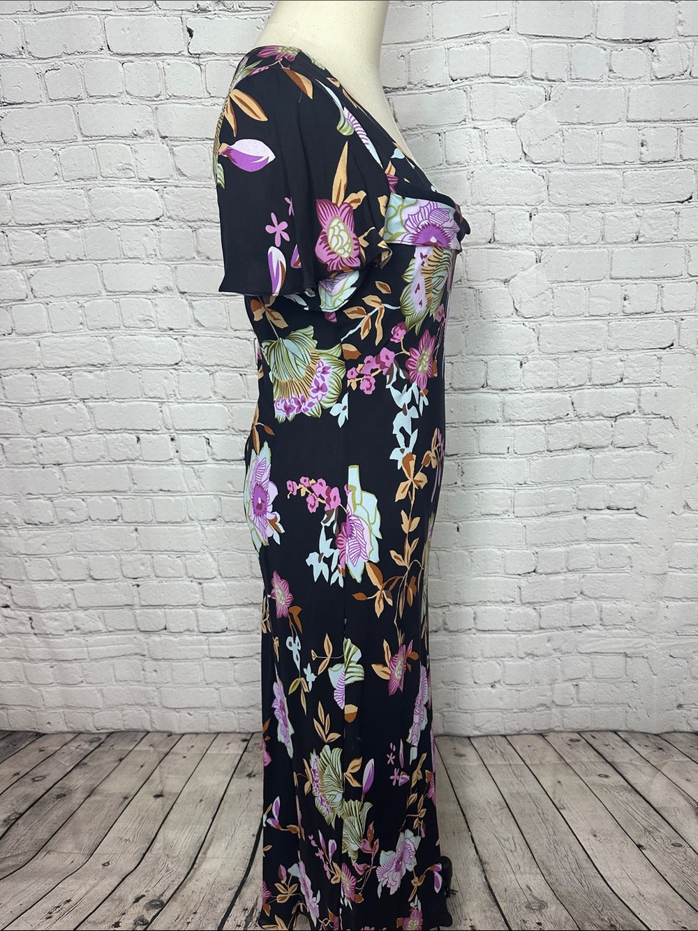 Donna Ricco 100% Silk Floral Maxi Dress 12 Draped Cowl Neck Y2K Style - Picture 3 of 7